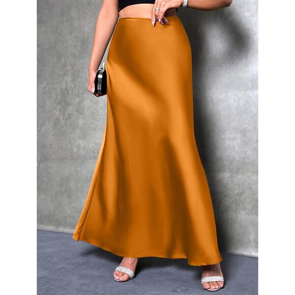 Elegant Satin Maxi Skirt for Women High Waisted Orange Silk Fall Dressy Casul - Picture 5 of 7